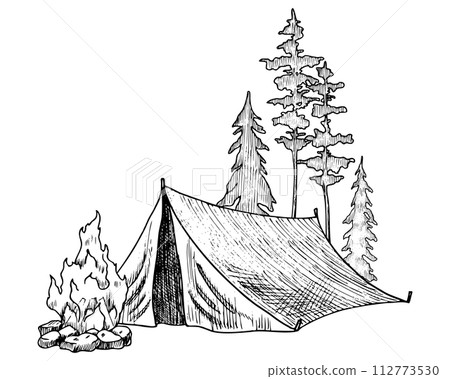 Camp Tent and fire in a Forest. Vector illustration of camping, fireplace and trees in line art style. Etching of woodland landscape painted by black inks. Engraving for travel icon or logo. Camp Tent and fire in a Forest. Vector illustration of camping, fireplace and trees in line art style. Etching of woodland landscape painted by black inks. Engraving for travel icon or logo. 112773530