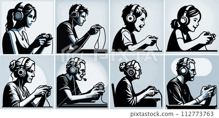 A simple illustration of people playing and playing video games. young people, children, old men and women 112773763