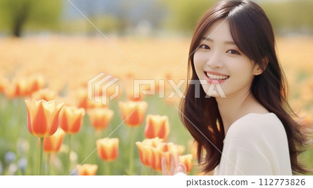 Beautiful model 3 shooting in a tulip field 112773826