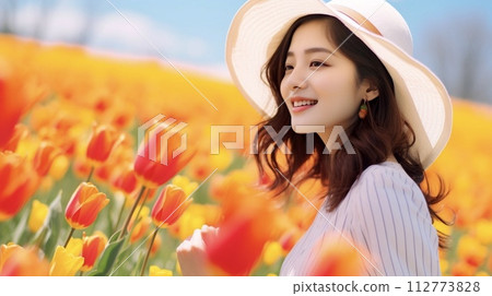 Beautiful model 4 photographed in a tulip field 112773828
