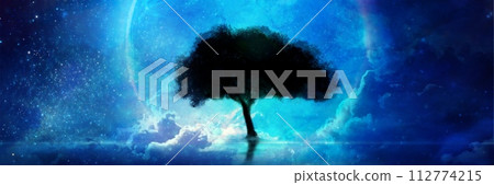 Fantasy background wide size illustration of silhouette of large tree shadow illuminated by big blue full moon floating on water surface 112774215