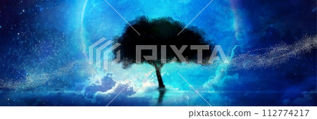 Fantasy background wide size illustration of silhouette of large tree shadow illuminated by big blue full moon floating on water surface 112774217