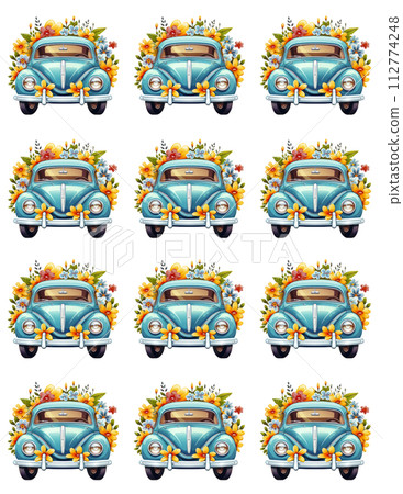 AI-generated content. Retro car sticker sheet with flowers AI-generated content. Retro car sticker sheet with flowers 112774248