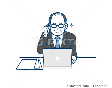 Illustration of a middle-aged office worker working on a computer 112774830