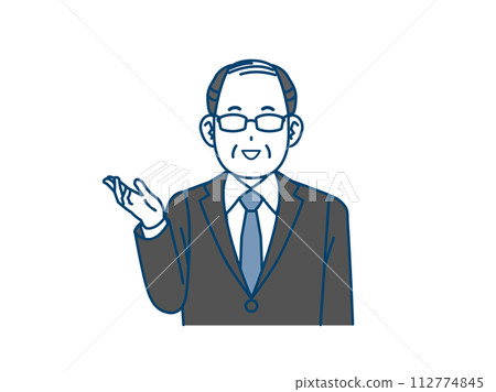 Illustration of a middle-aged office worker talking and explaining Illustration of a middle-aged office worker talking and explaining 112774845