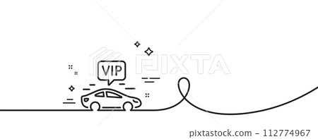 Vip transfer line icon. Continuous one line with curl. Very important person transport sign. Luxury taxi symbol. Vip transfer single outline ribbon. Loop curve pattern. Vector 112774967