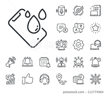 Phone sign. Place location, technology and smart speaker outline icons. Smartphone waterproof line icon. Mobile device symbol. Smartphone waterproof line sign. Vector Phone sign. Place location, technology and smart speaker outline icons. Smartphone waterproof line icon. Mobile device symbol. Smartphone waterproof line sign. Vector 112774984