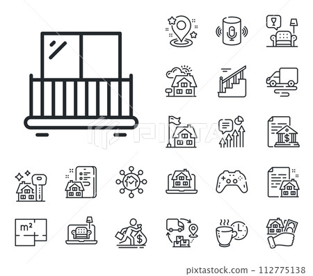 Building balconet sign. Floor plan, stairs and lounge room outline icons. Balcony line icon. Apartment terrace symbol. Balcony line sign. House mortgage, sell building icon. Real estate. Vector Building balconet sign. Floor plan, stairs and lounge room outline icons. Balcony line icon. Apartment terrace symbol. Balcony line sign. House mortgage, sell building icon. Real estate. Vector 112775138