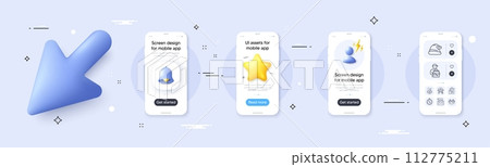 Hold heart, Gift and Sale bags line icons pack. Phone screen mockup with 3d cursor. Alert, star and placeholder. Santa hat, Delivery discount, Love letter web icon. Vector 112775211