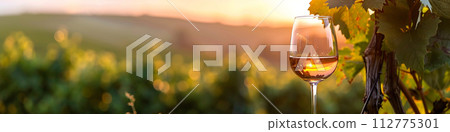 AI-generated content. Glass of wine against the backdrop of a vineyard  112775301