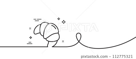 Croissant line icon. Continuous one line with curl. Bakery food sign. Pastry bun symbol. Croissant single outline ribbon. Loop curve pattern. Vector Croissant line icon. Continuous one line with curl. Bakery food sign. Pastry bun symbol. Croissant single outline ribbon. Loop curve pattern. Vector 112775321