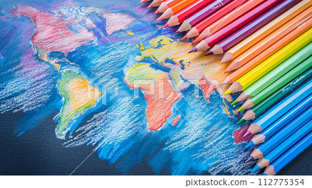 AI-generated content. World map drawn with colored pencils 112775354