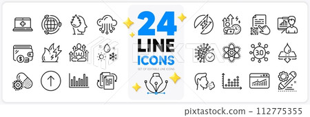 Icons set of Weather, Coronavirus pills and Difficult stress line icons pack for app with Fire energy, Cough, Water resistant thin outline icon. Project edit, Wallet, Electric energy pictogram. Vector Icons set of Weather, Coronavirus pills and Difficult stress line icons pack for app with Fire energy, Cough, Water resistant thin outline icon. Project edit, Wallet, Electric energy pictogram. Vector 112775355