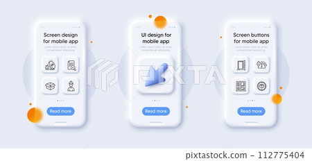 Opened box, Entrance and Parcel tracking line icons pack. 3d phone mockups with cursor. Glass smartphone screen. Inspect, Warning, Open door web icon. Gas price, Foreman pictogram. Vector Opened box, Entrance and Parcel tracking line icons pack. 3d phone mockups with cursor. Glass smartphone screen. Inspect, Warning, Open door web icon. Gas price, Foreman pictogram. Vector 112775404
