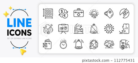 First aid, Mute and Question mark line icons set for app include Square area, Sunrise, Bell alert outline thin icon. Time, Certificate, Save planet pictogram icon. Chlorine mineral. Vector First aid, Mute and Question mark line icons set for app include Square area, Sunrise, Bell alert outline thin icon. Time, Certificate, Save planet pictogram icon. Chlorine mineral. Vector 112775431