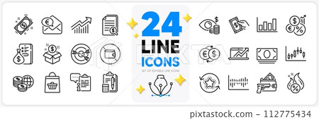 Icons set of Post package, Sales diagram and Demand curve line icons pack for app with Column diagram, Inflation, Payment thin outline icon. Wallet, Hot loan, World money pictogram. Vector Icons set of Post package, Sales diagram and Demand curve line icons pack for app with Column diagram, Inflation, Payment thin outline icon. Wallet, Hot loan, World money pictogram. Vector 112775434