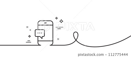 Smartphone Message icon. Continuous one line with curl. Cellphone or Phone messenger sign. Communication Mobile device with Chat symbol. Smartphone message single outline ribbon. Vector 112775444