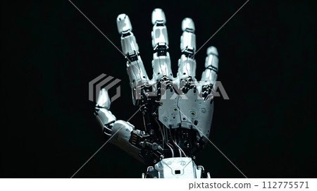 AI-generated content. Robotic hand on black background.  112775571