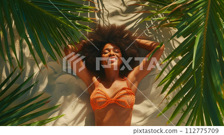 AI-generated content. A Woman Is Laying On Her Back Under A Palm Tree And Smiling 112775709