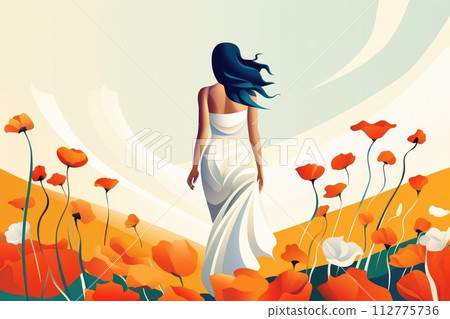 AI-generated content. beautiful woman in flower field in summer illustration 112775736