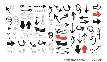 Hand drawn arrows collection. Arrows with different shapes, dotted arrows. Vector illustration Hand drawn arrows collection. Arrows with different shapes, dotted arrows. Vector illustration 112775949