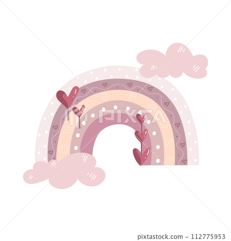 Hand drawn trendy rainbow decorated with hearts and clouds. Scandinavian rainbow. Cute decoration in pastel colors. Vector illustration 112775953
