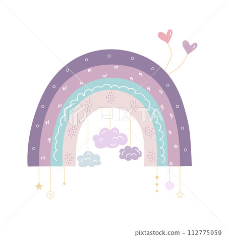Hand drawn trendy rainbow with decorations. Scandinavian rainbow. Cute decoration in pastel colors. Vector illustration 112775959