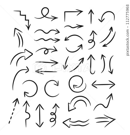 Simple hand drawn arrows collection. Arrows with different shapes, dotted arrows. Vector illustration 112775968