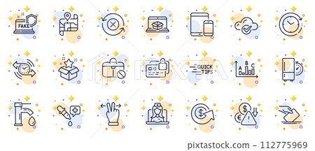 Outline set of Reject refresh, Card and Online delivery line icons for web app. Include Voting ballot, Cloud computing, Timer pictogram icons. Fake internet, Deflation, Chemistry pipette signs. Vector 112775969