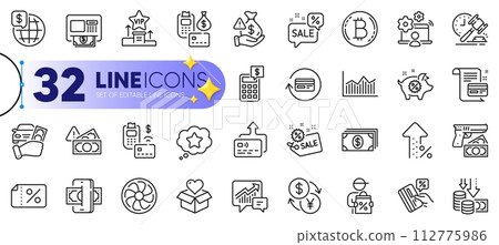 Outline set of Discount banner, Sale and Deflation line icons for web with Rent car, Currency exchange, Refund commission thin icon. Payment, Phishing, Piggy sale pictogram icon. Banking. Vector 112775986