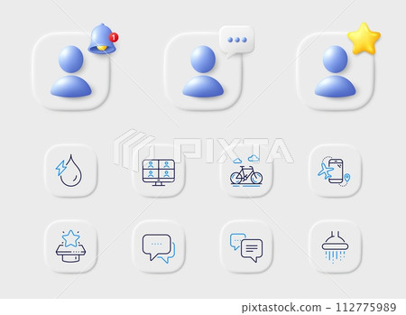 Dots message, Shower and Bike line icons. Placeholder with 3d star, reminder bell, chat. Pack of Winner podium, Message, Video conference icon. Flights application, Hydroelectricity pictogram. Vector Dots message, Shower and Bike line icons. Placeholder with 3d star, reminder bell, chat. Pack of Winner podium, Message, Video conference icon. Flights application, Hydroelectricity pictogram. Vector 112775989