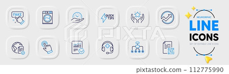 Medical support, Washing machine and Restructuring line icons for web app. Pack of Safe time, Audit, Checked calculation pictogram icons. Online voting, Ranking, Fake information signs. Vector 112775990