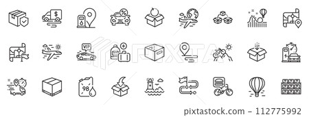 Icons pack as Petrol station, International flight and Charging station line icons for app include Car leasing, Vip transfer, Lighthouse outline thin icon web set. Airplane travel. Vector 112775992