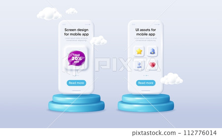 Sale 20 percent off bubble banner. Phone mockup on podium. Product offer 3d pedestal. Discount sticker shape. Coupon badge icon. Background with 3d clouds. Sale bubble promotion message. Vector 112776014