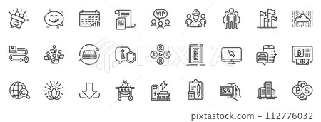 Icons pack as Engineering team, International copyright and Lotus line icons for app include Bitcoin exchange, Smile, Yummy smile outline thin icon web set. Internet, Door, Teamwork pictogram. Vector 112776032