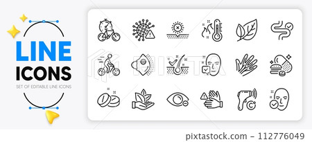 High thermometer, No sun and Bike timer line icons set for app include Myopia, Medical mask, Veins outline thin icon. Covid virus, Digestion, Medical tablet pictogram icon. Vector 112776049