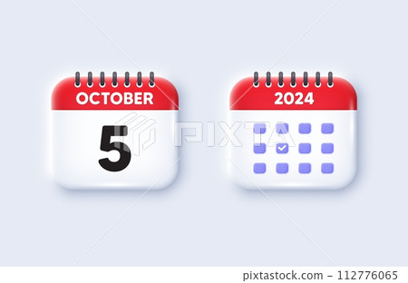 Calendar date 3d icon. 5th day of the month icon. Event schedule date. Meeting appointment time. 5th day of October month. Calendar event reminder date. Vector Calendar date 3d icon. 5th day of the month icon. Event schedule date. Meeting appointment time. 5th day of October month. Calendar event reminder date. Vector 112776065