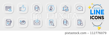 Bid offer, Reject file and Star rating line icons for web app. Pack of Download app, Inspect, Chat pictogram icons. Replacement, User call, Reject mail signs. Like, Speedometer. Vector 112776079
