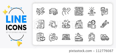 Petrol station, Buy car and Bike rental line icons set for app include Metro map, Parcel checklist, Cancel flight outline thin icon. Lighthouse, Train, Journey pictogram icon. Vector 112776087