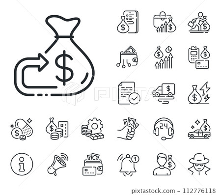 Financial goal sign. Cash money, loan and mortgage outline icons. Money cashback line icon. Investment budget symbol. Cashback line sign. Credit card, crypto wallet icon. Inflation, job salary. Vector 112776118