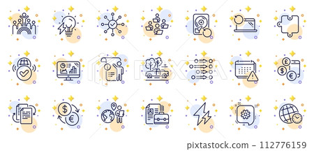 Outline set of Verified internet, Inclusion and Order line icons for web app. Include Recovery laptop, Electricity bulb, Analytics graph pictogram icons. Electricity, Bureaucracy. Vector 112776159