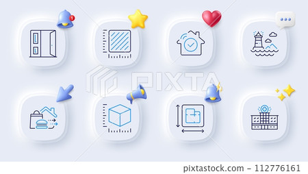 Package size, Hospital building and Lighthouse line icons. Buttons with 3d bell, chat speech, cursor. Pack of House security, Square meter, Open door icon. Floor plan, Food delivery pictogram. Vector Package size, Hospital building and Lighthouse line icons. Buttons with 3d bell, chat speech, cursor. Pack of House security, Square meter, Open door icon. Floor plan, Food delivery pictogram. Vector 112776161