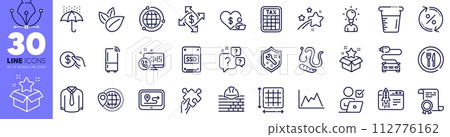 Start business, Web call and Certificate line icons pack. Worms, Question bubbles, Tax calculator web icon. Online voting, Square area, Loan percent pictogram. Car charge, Shirt. Vector 112776162