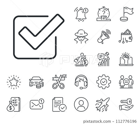 Approved Tick sign. Salaryman, gender equality and alert bell outline icons. Check line icon. Confirm, Done or Accept symbol. Checkbox line sign. Spy or profile placeholder icon. Vector Approved Tick sign. Salaryman, gender equality and alert bell outline icons. Check line icon. Confirm, Done or Accept symbol. Checkbox line sign. Spy or profile placeholder icon. Vector 112776196