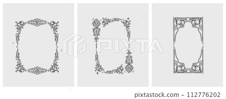 Hand drawn vector abstract outline,graphic,line vintage baroque ornament floral frame in calligraphic elegant modern style.Baroque floral vintage outline design concept.Vector antique frame isolated. 112776202