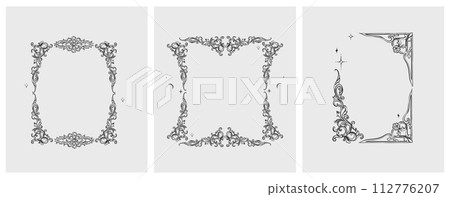 Hand drawn vector abstract outline,graphic,line vintage baroque ornament floral frame in calligraphic elegant modern style.Baroque floral vintage outline design concept.Vector antique frame isolated. 112776207