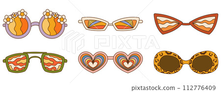 Retro Groovy sunglasses collection with different patterns. 1970's Vibe set. 112776409