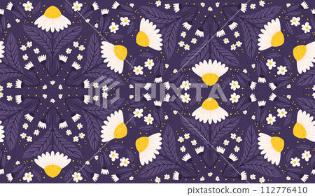 Seamless design with daisy flowers in deep purple shades. Chamomile repeated surface pattern on a purple backdrop Seamless design with daisy flowers in deep purple shades. Chamomile repeated surface pattern on a purple backdrop 112776410
