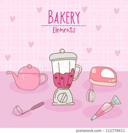 Kitchen utensils and bakery tools doodle. Hand drawn vector illustration. Kitchen utensils and bakery tools doodle. Hand drawn vector illustration. 112776611