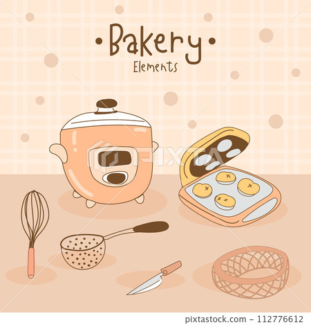 Kitchen utensils and bakery tools doodle. Hand drawn vector illustration. Kitchen utensils and bakery tools doodle. Hand drawn vector illustration. 112776612